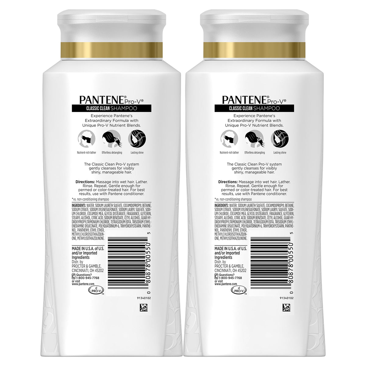 Pantene Pro-V Classic Clean shampoo bottle in shower demonstrates cleansing use.