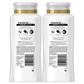 Pantene Pro-V Classic Clean shampoo bottle in shower demonstrates cleansing use.