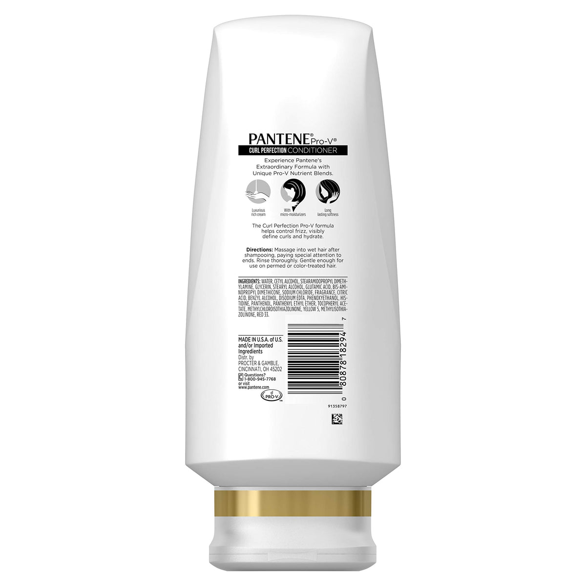 Pantene Pro-V Curl Perfection Conditioner label closeup highlighting moisture balance for bouncy hair.