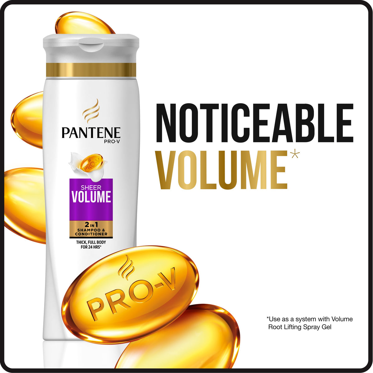 Pantene Pro-V Sheer Volume 2-in-1 after-wash hair shows lift and shine.
