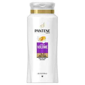 Pantene Pro-V Sheer Volume 2-in-1 bottle close-up shows lightweight cleansing for volume.