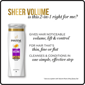Pantene Pro-V Sheer Volume 2-in-1 bottle side view highlights travel-friendly size.