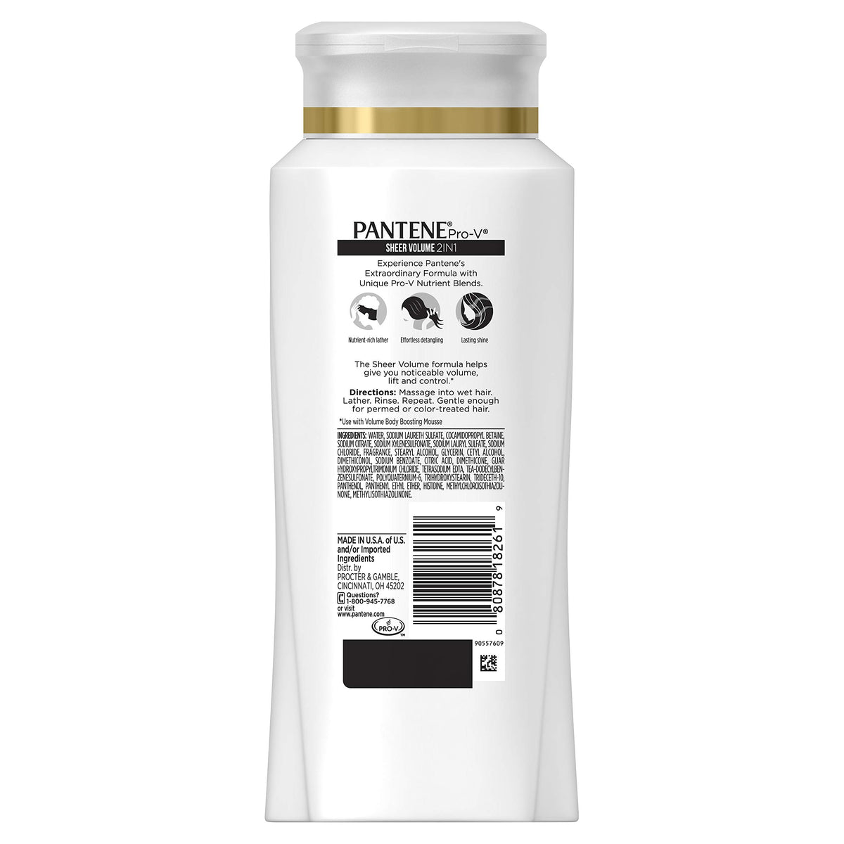 Pantene Pro-V Sheer Volume 2-in-1 foamy lather demonstrates detangling-ready wash.