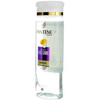 Pantene Pro-V Sheer Volume antioxidant-infused formula label highlighted.