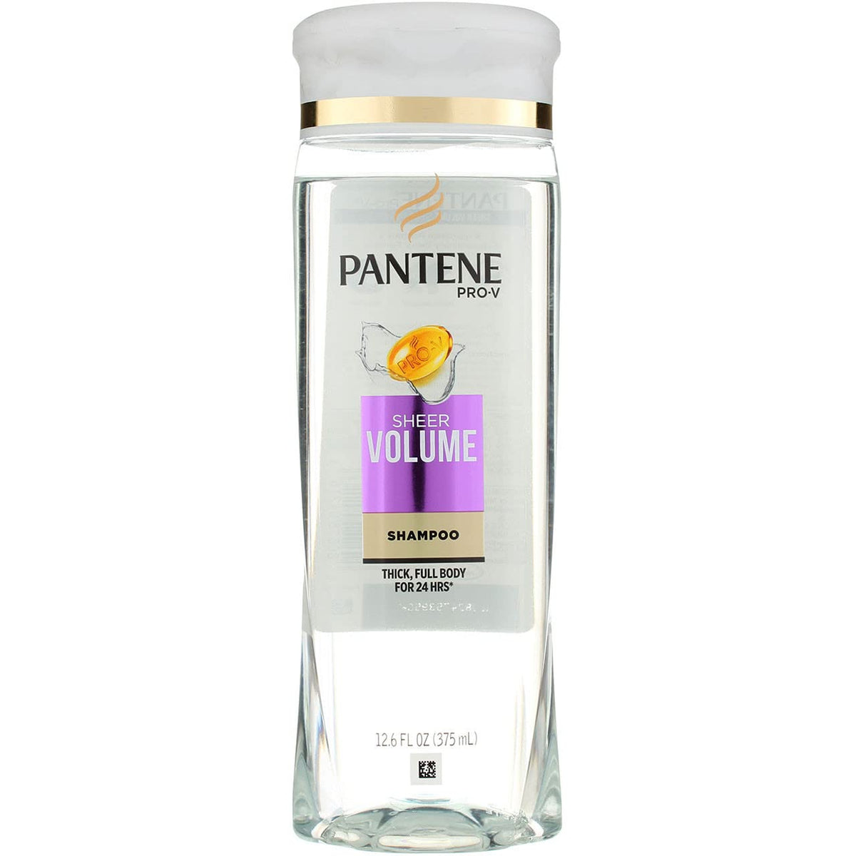 Pantene Pro-V Sheer Volume shampoo bottle front view showing lightweight formula for added body.