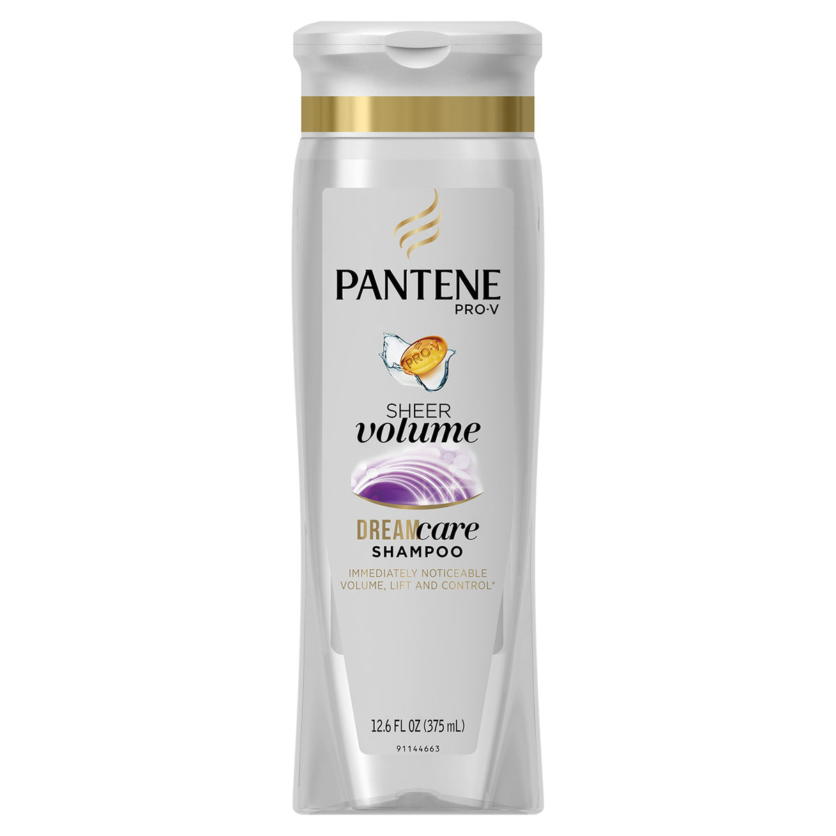 Pantene Pro-V Sheer Volume Shampoo bottle shows lightweight lift and lasting body.