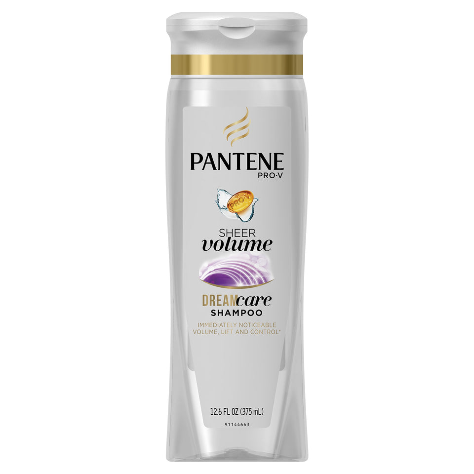 Pantene Pro-V Sheer Volume Shampoo bottle shows lightweight lift and lasting body.