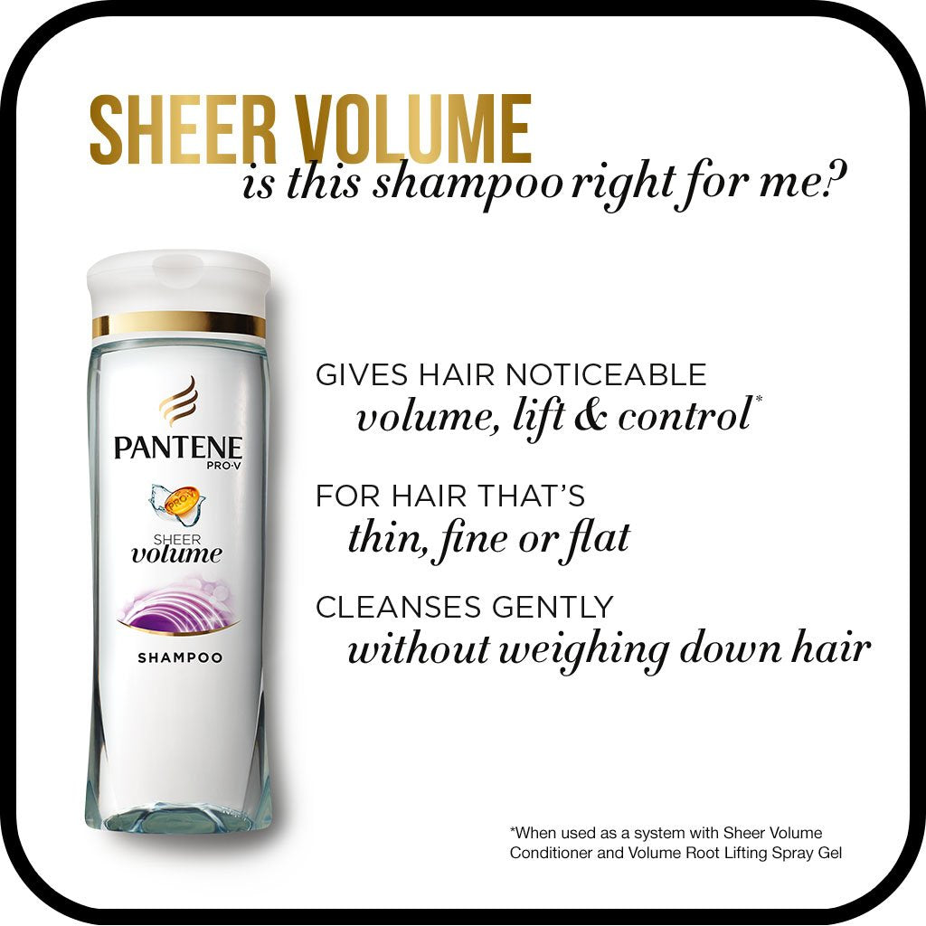 Pantene Pro-V Sheer Volume Shampoo rinse highlights easy wash-out and renewed bounce.