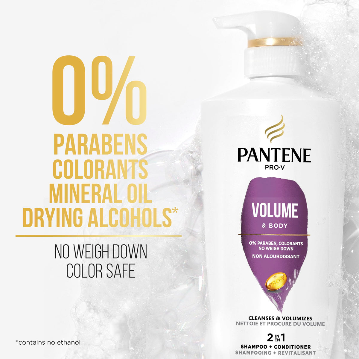 Pantene Pro-V Volume & Body 2-in-1 berry-scent bottle evokes refreshing fragrance.