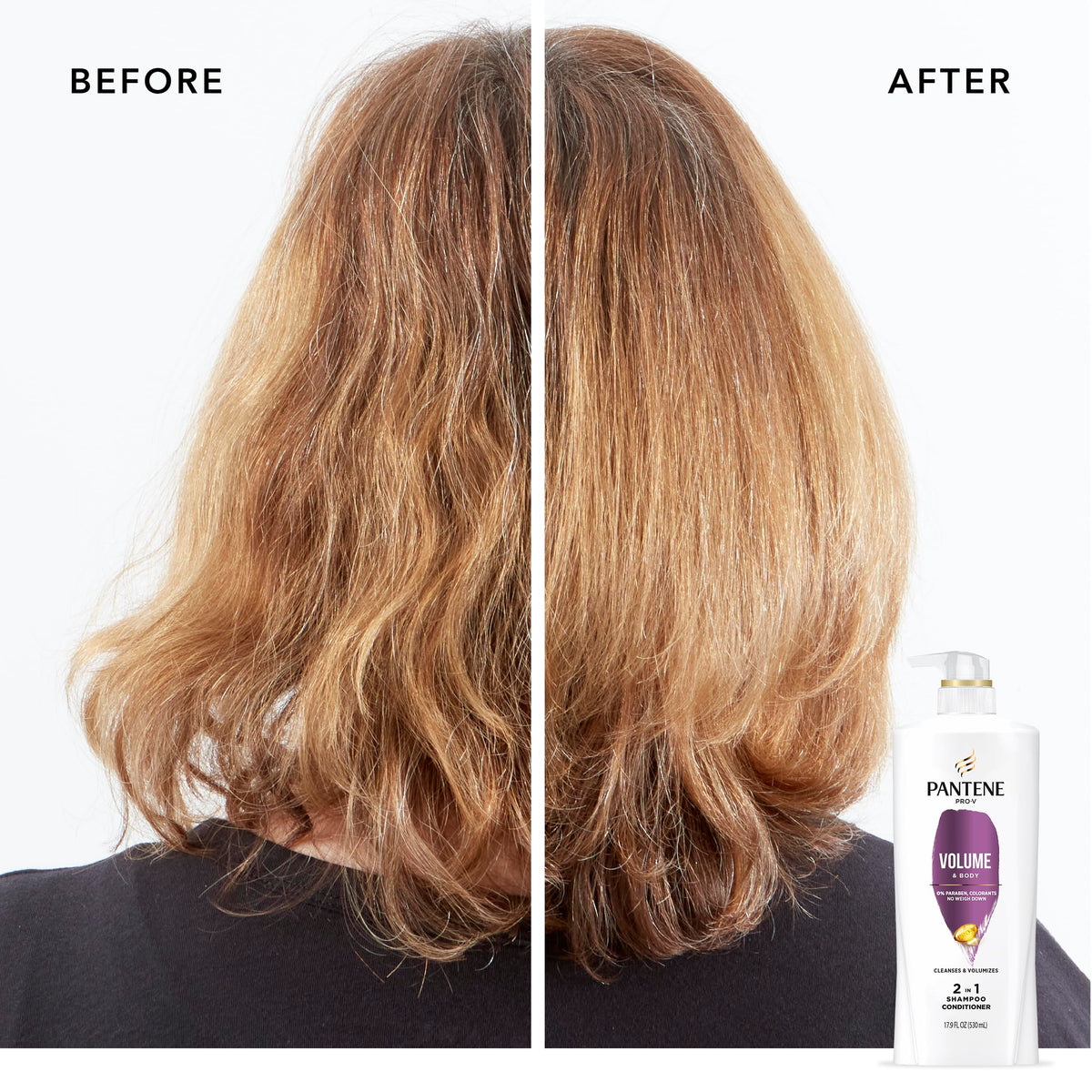 Pantene Pro-V Volume & Body 2-in-1 hair-bounce close-up highlights natural bounce.