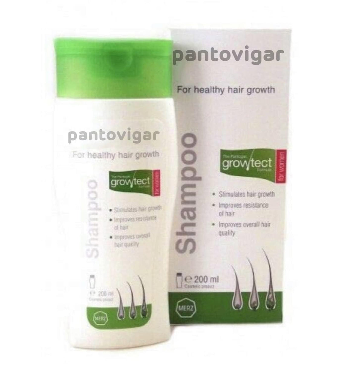 Pantovigar Growth Formula Shampoo packaging showing dermal papilla focus for hair health