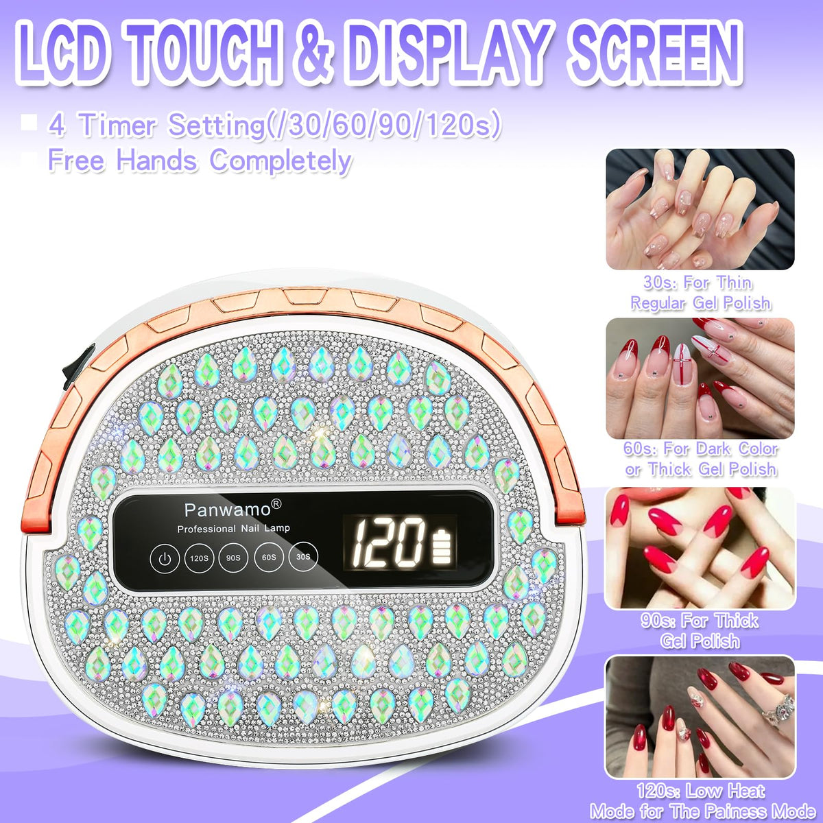 Panwamo UV LED Nail Lamp highlights 45 LEDs for even curing across nails.