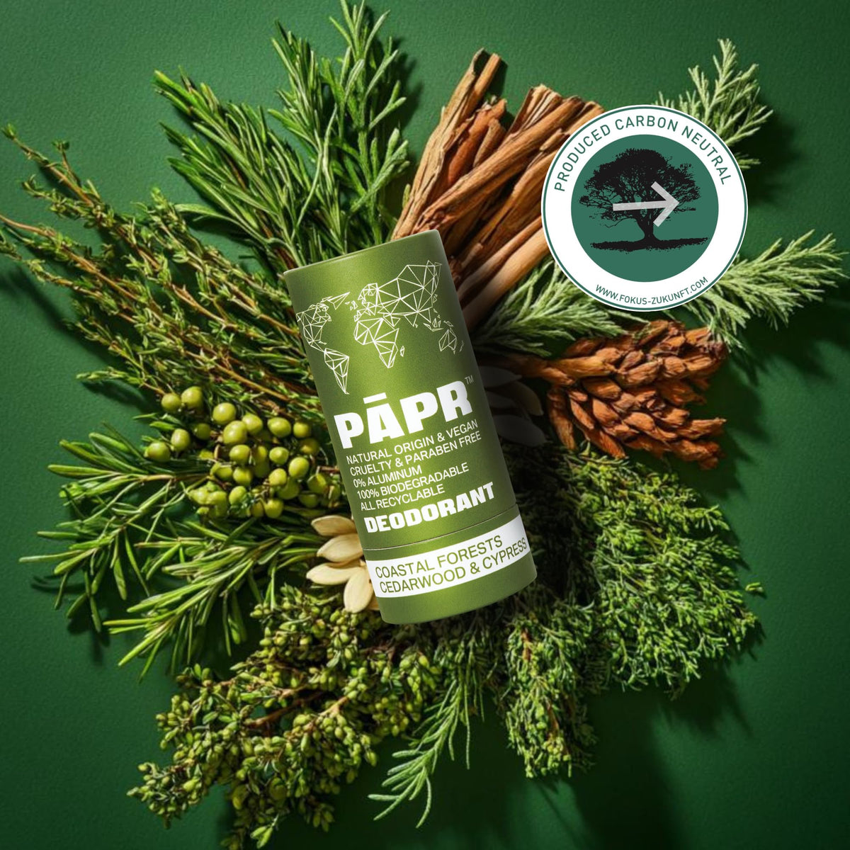 PĀPR natural deodorant stick ready for daily use, aluminum-free.