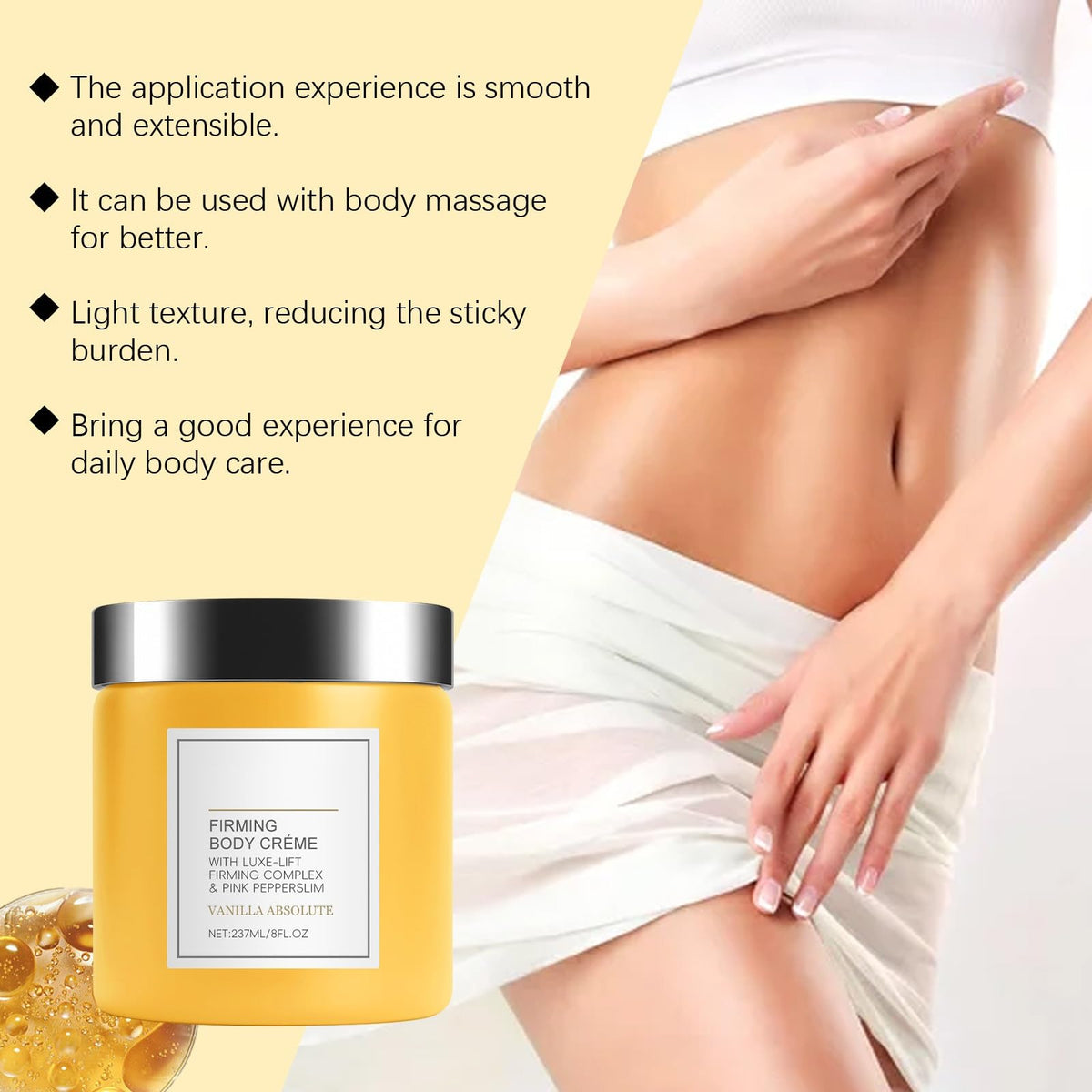 PAQIMAN Champagne Lift Firming Cream on skin highlights hydrated, firm appearance after use.