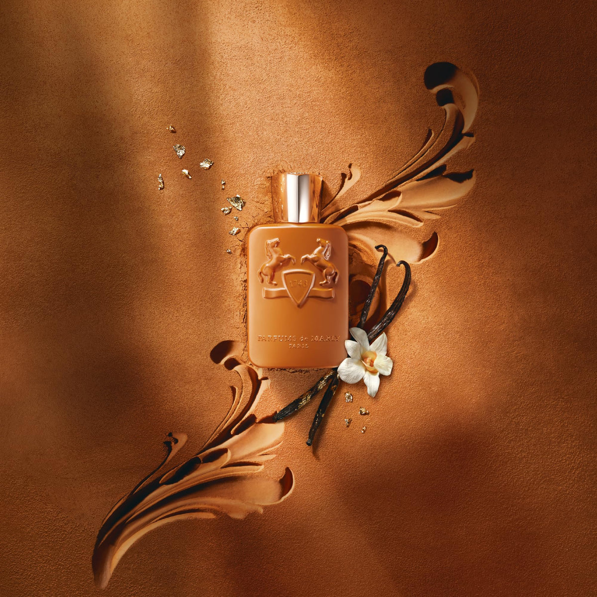 Parfums de Marly Althair bottle side view emphasizing bottle silhouette and warmth.