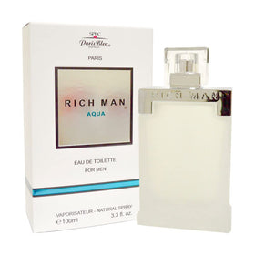 Paris Bleu Rich Man Aqua 3.3 EDT bottle front view for a fresh daytime scent.