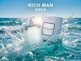 Paris Bleu Rich Man Aqua 3.3 EDT box packaging, gift-ready for him.