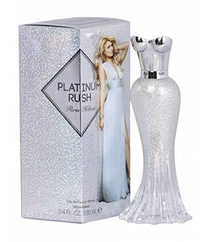 Paris Hilton Platinum Rush bottle closeup for a radiant scent and evening elegance.