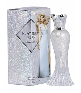 Paris Hilton Platinum Rush bottle closeup for a radiant scent and evening elegance.