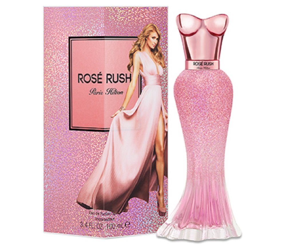 Paris Hilton Rose Rush bottle pour highlighting a floral, fresh scent for daily wear