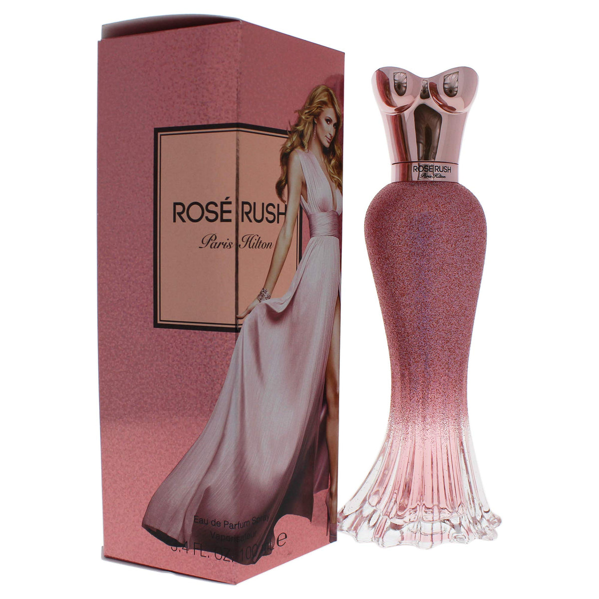 Paris Hilton Rose Rush flacon close-up with petals and fruity notes.
