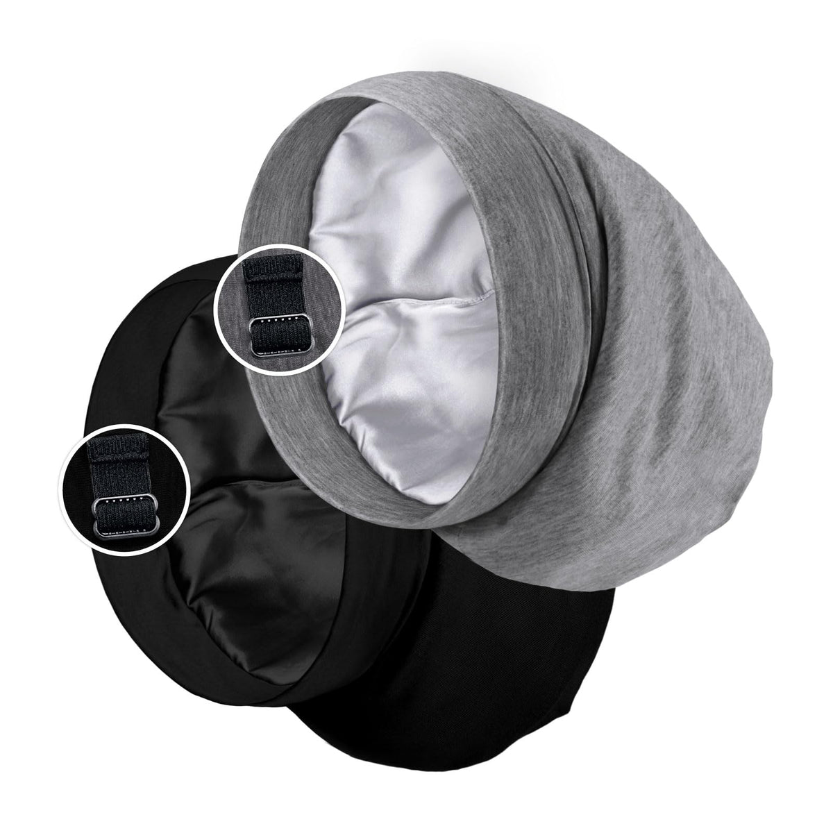 PARISBELLA satin-lined sleep cap bonnet in black and grey protects curls during sleep.