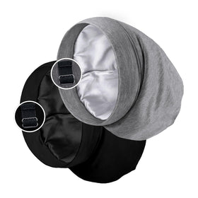 PARISBELLA satin-lined sleep cap bonnet in black and grey protects curls during sleep.