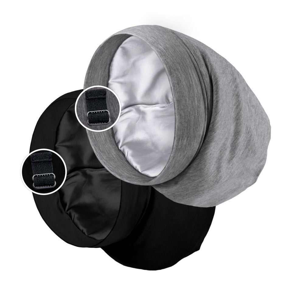PARISBELLA satin-lined sleep cap bonnet in black and grey protects curls during sleep.