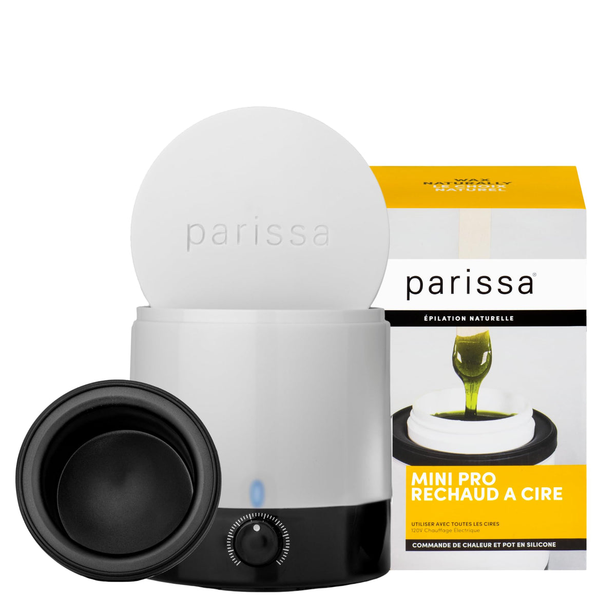 Parissa mini wax warmer featuring a silicone cup for easy cleanup and hygienic use.