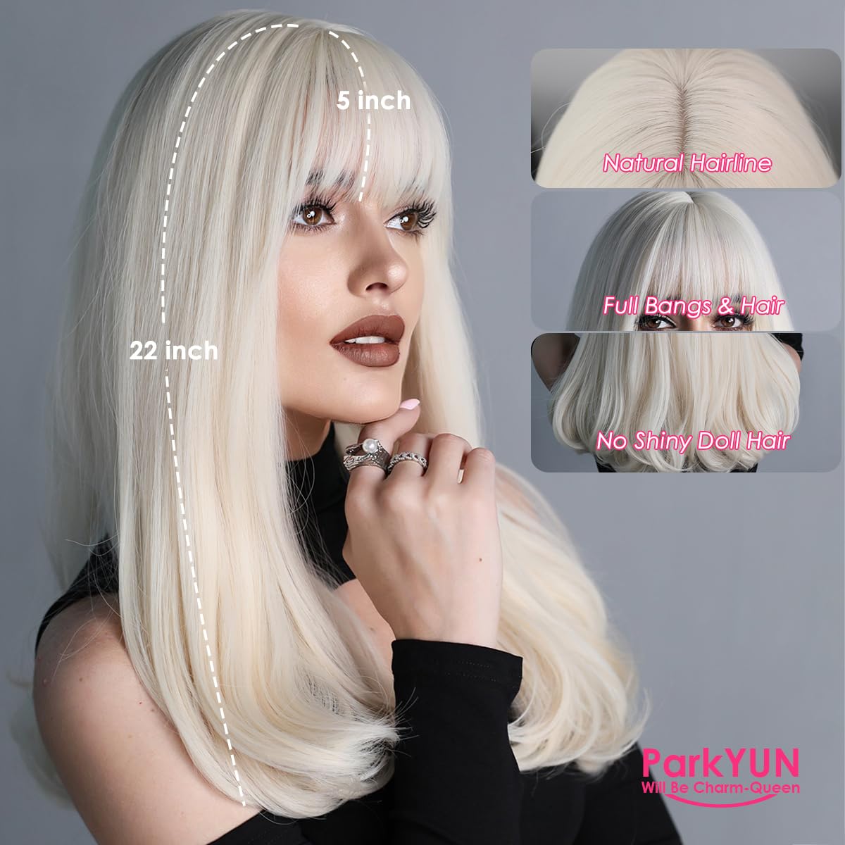 Park Yun long platinum blonde wig bangs close-up reveals smooth texture