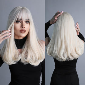 Park Yun long platinum blonde wig front view showing bangs and natural hairline