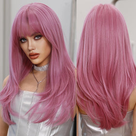 PARK YUN pink 26-inch straight wig with bangs on model for cosplay and parties