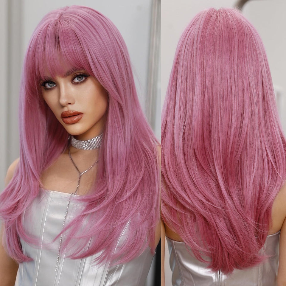 PARK YUN pink 26-inch straight wig with bangs on model for cosplay and parties