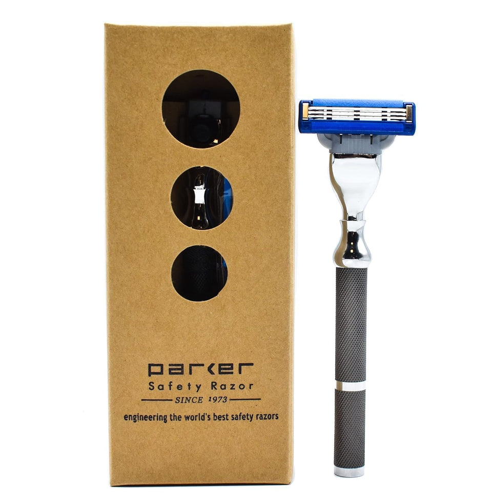 Parker 42M all-metal razor in graphite gray with brass frame for durability and premium feel