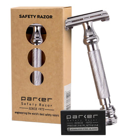 Parker 99R chrome long-handle safety razor for precise, irritation-free shaving.