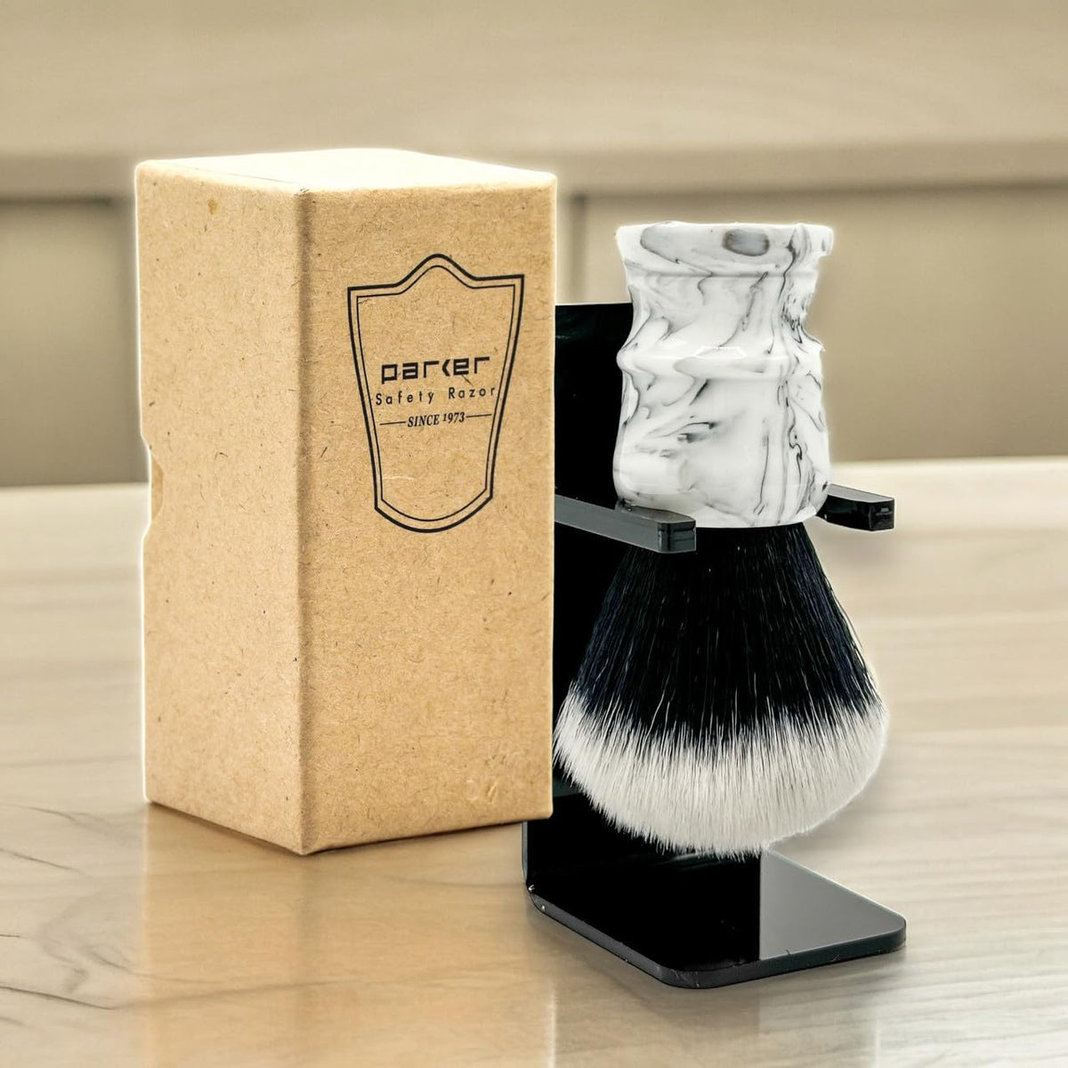 Parker Arctic Storm brush on bathroom counter ready for daily shaving ritual.