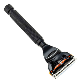 Parker Deluxe razor with textured chrome handle offers secure control.