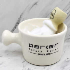 Parker Deluxe stoneware apothecary mug ergonomic-handle enables secure grip during lathering.