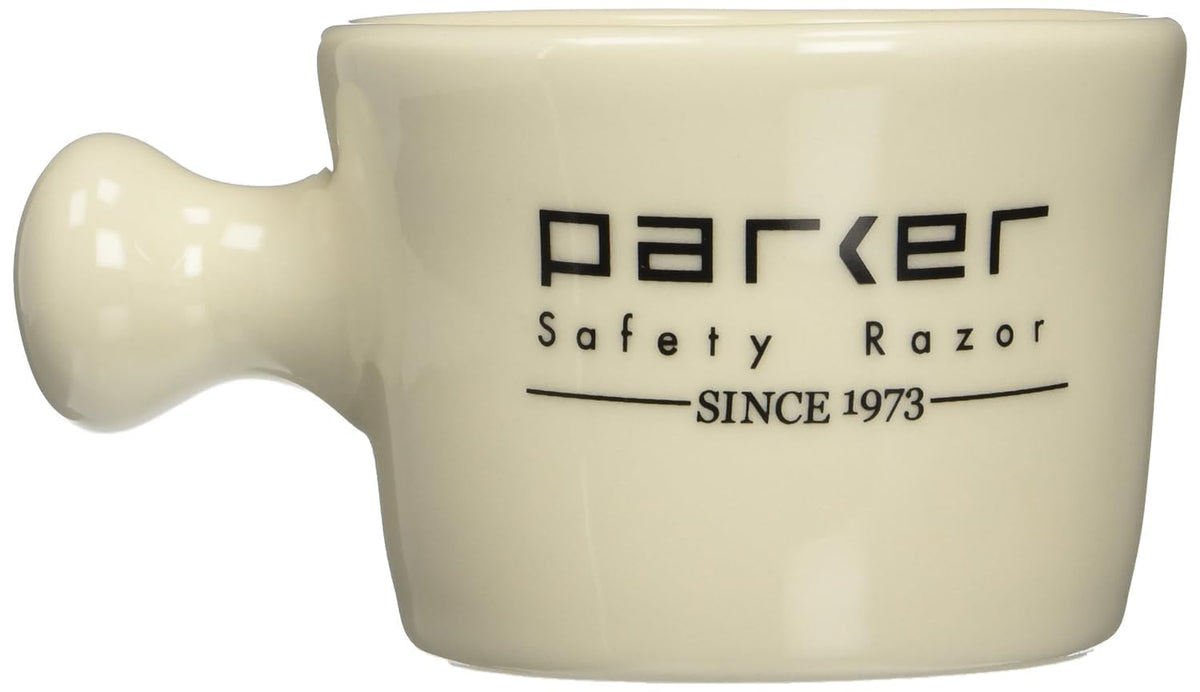 Parker Deluxe stoneware apothecary mug ivory finish ideal for classic shaving setup and soap storage.