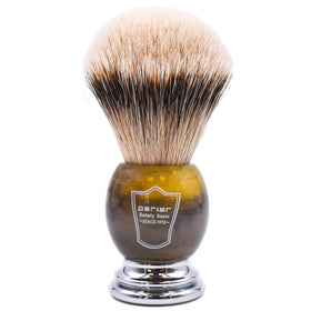 Parker Silvertip Badger Brush with faux horn handle for luxurious lather.