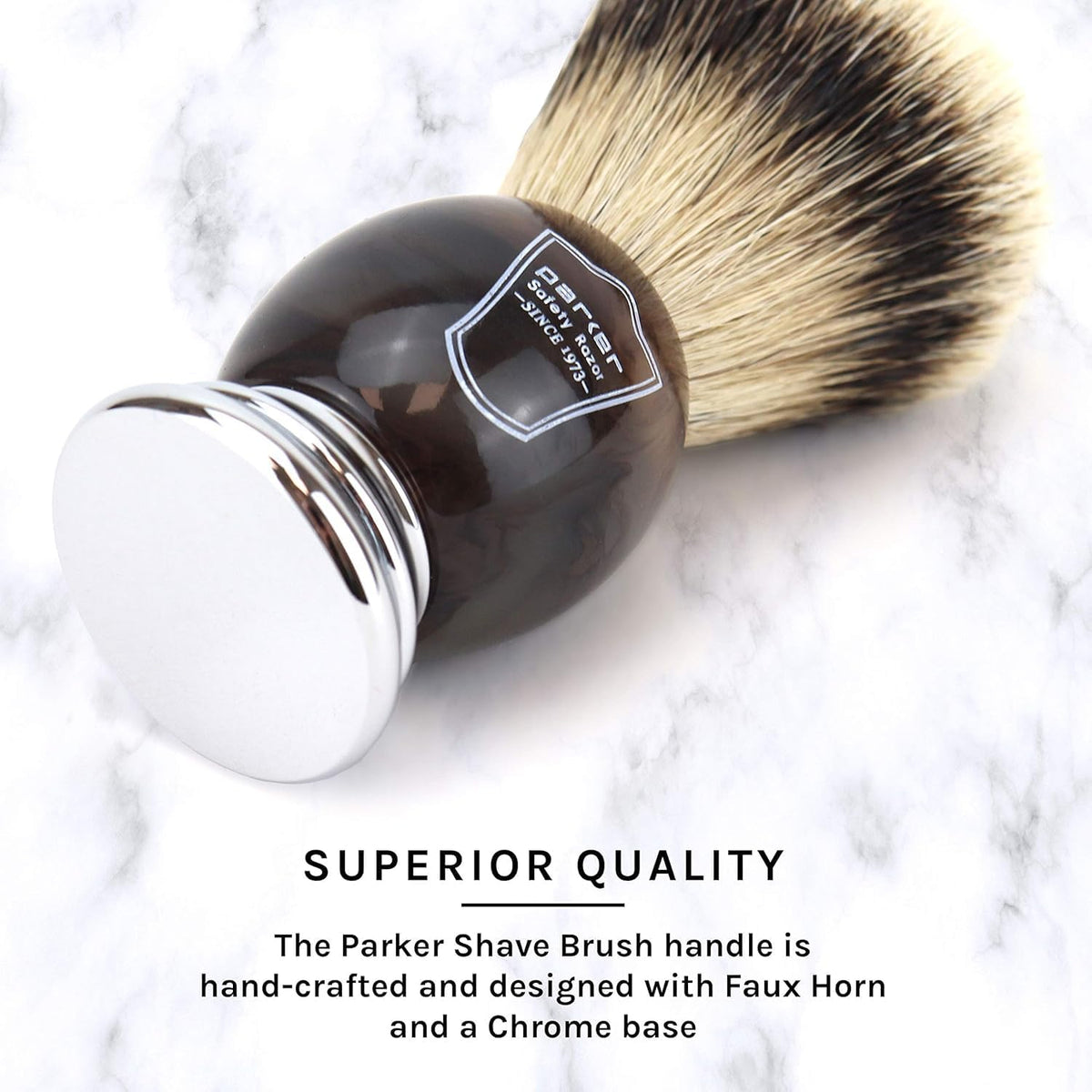 Parker Silvertip Badger Brush on resin stand for neat drying storage.