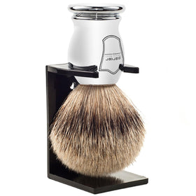 Parker brush stand with chrome finish helps bristles dry properly.