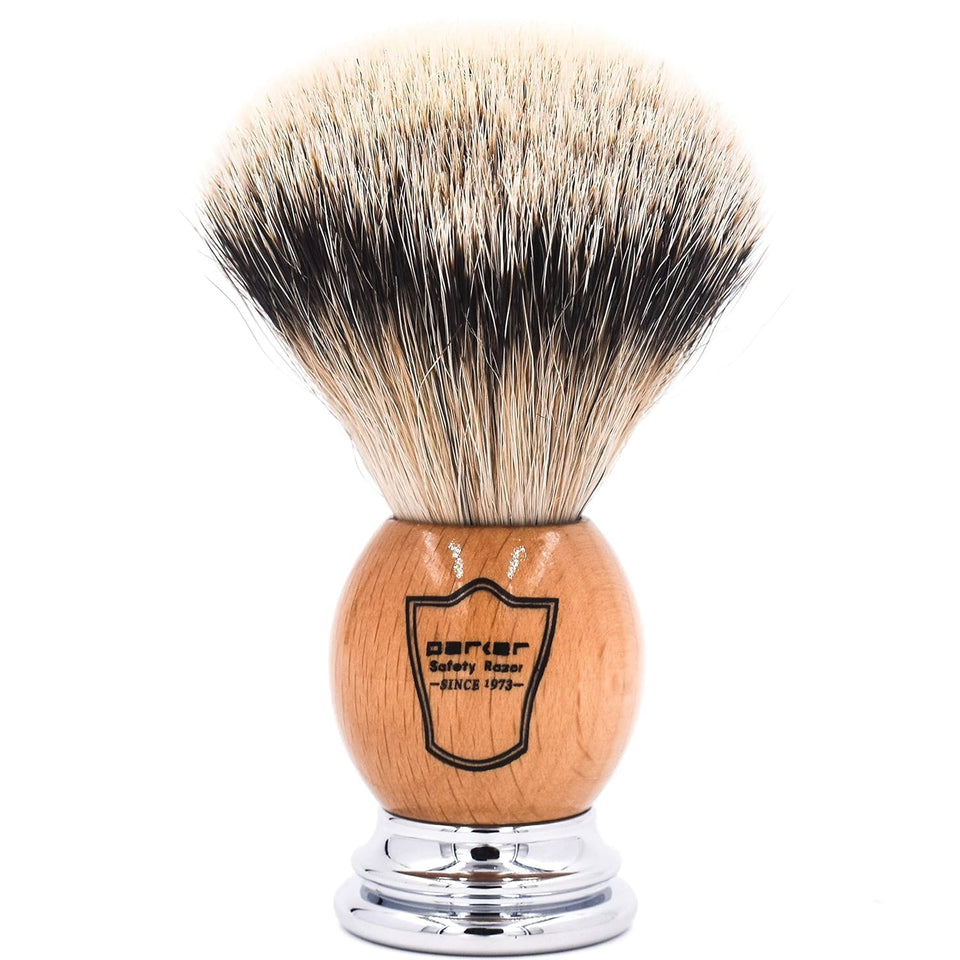 Parker Silvertip Badger Brush with Olivewood Handle offers luxe softness for sensitive skin.