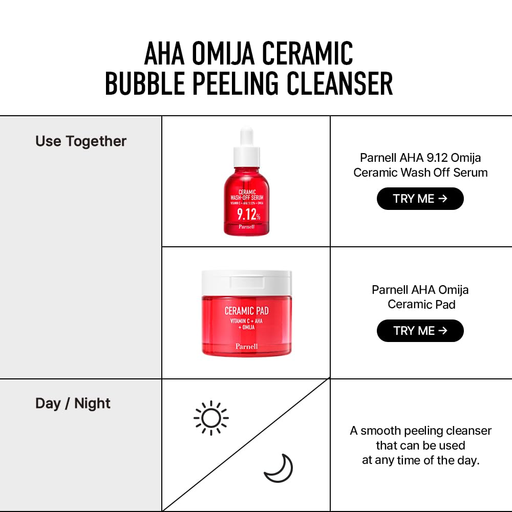 Parnell AHA Omija Bubble Cleanser comes in a compact 6 oz size for routine exfoliation.