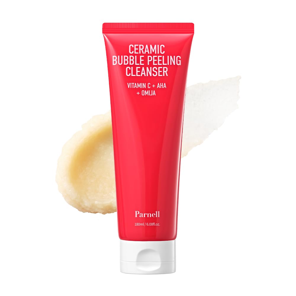 Parnell AHA Omija Bubble Cleanser bottle shows premium packaging and a cleanser-rich formulation for daily use.