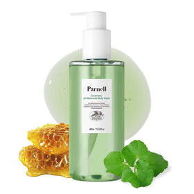 Parnell Cicamanu body wash bottle front view showing pH balance for sensitive skin cleansing