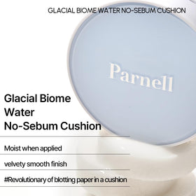 Parnell Glacial Biome Water No-Sebum Cushion compact top demonstrates matte finish concept