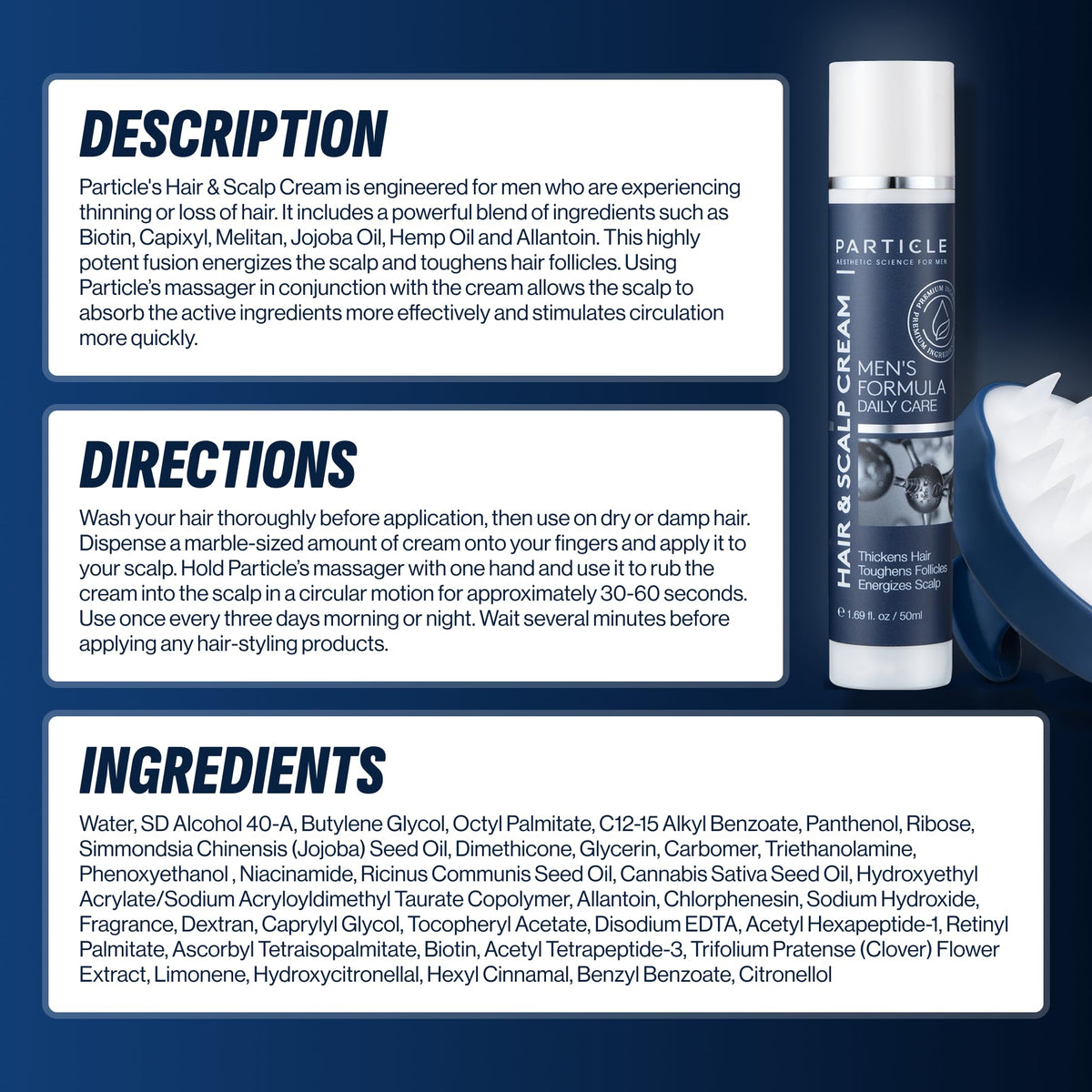 Particle complete care system graphic displaying integrated scalp and hair care.