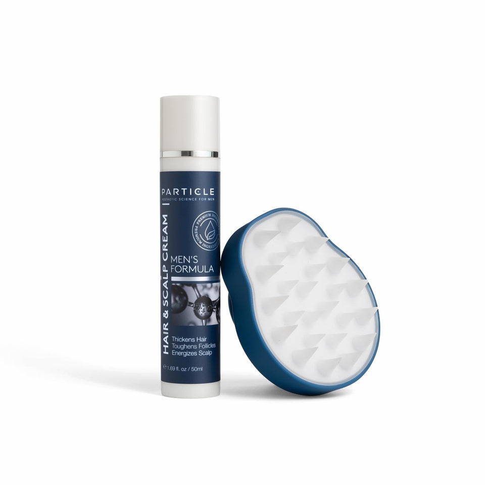 Particle head scalp cream bottle showing premium formula for daily scalp care.