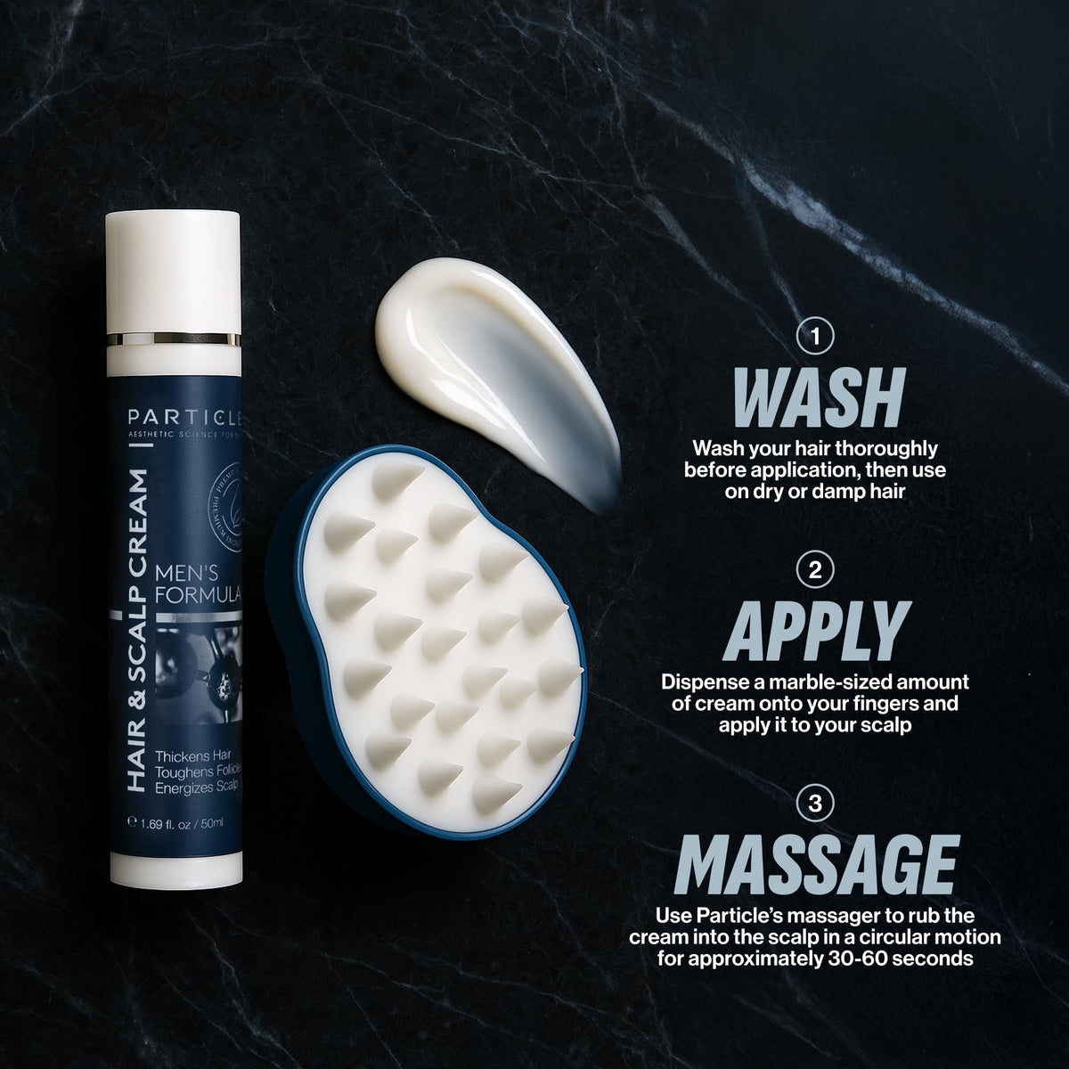 Particle men's grooming routine image illustrating a simple daily scalp care ritual.